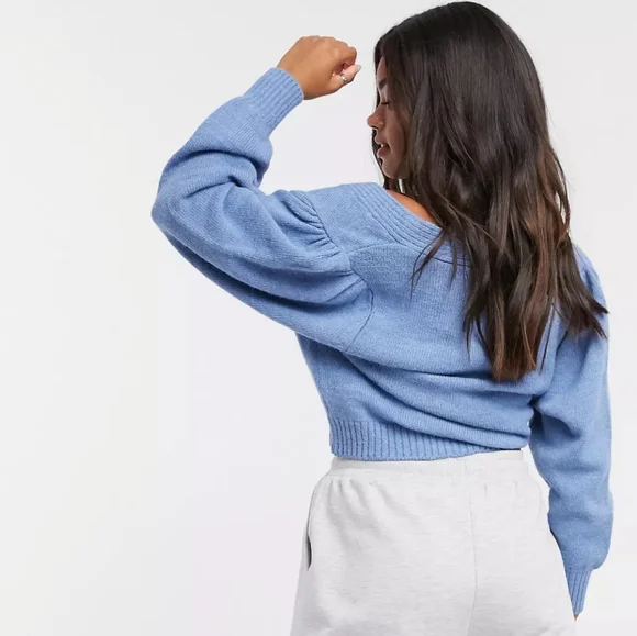 ASOS Design V-Neck Cardigan Puff Sleeve Blue UK 16 | US 12 NEW NWT - Picture 13 of 15